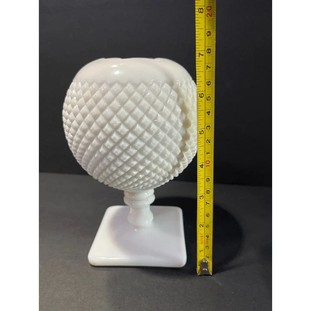 Vintage Fenton Milk Glass Hobnail Rose Bowl Vase Square Pedestal Base White 6in